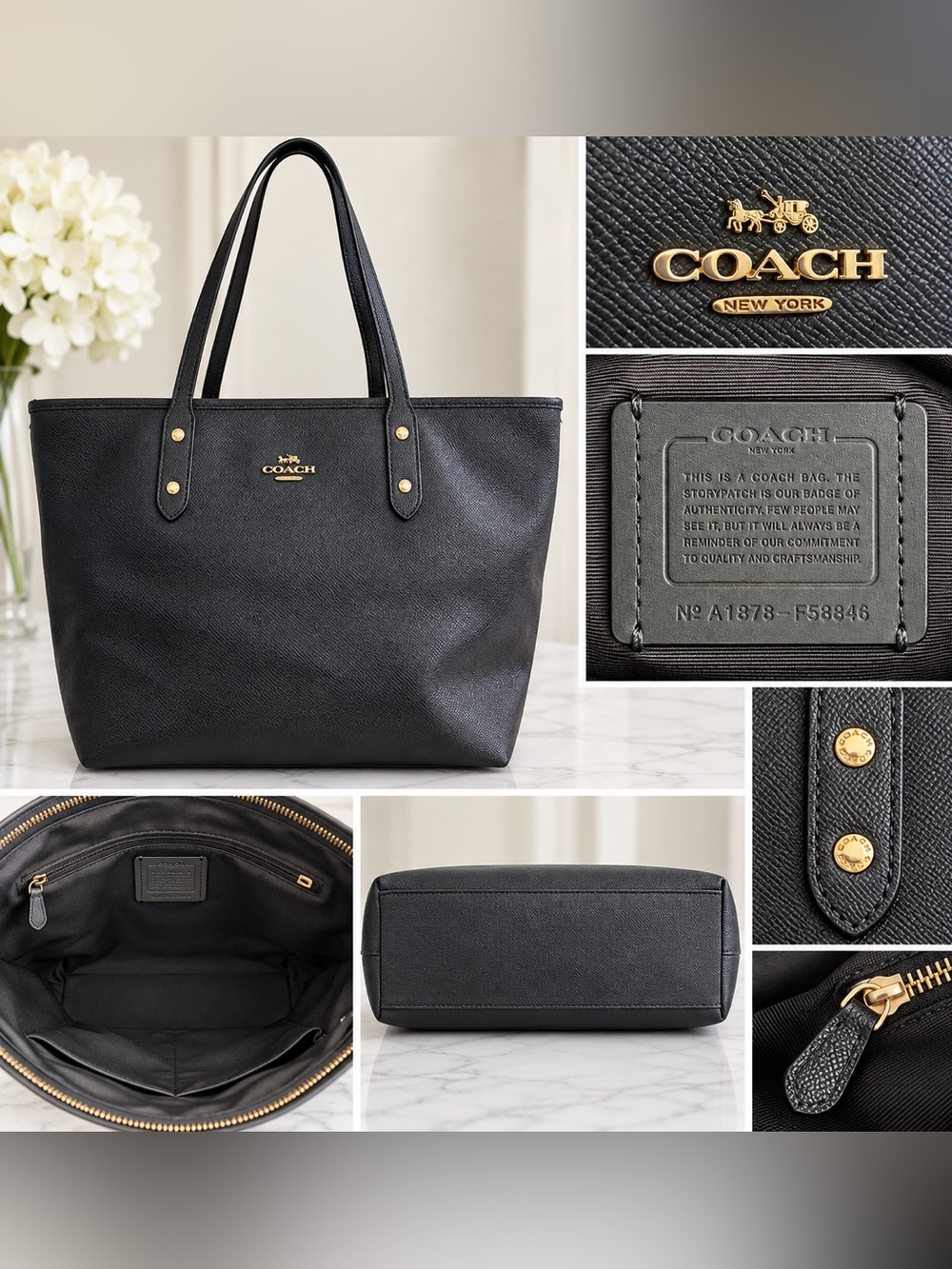 Coach F58846 Black Crossgrain Leather Zip Top Tote Bag Gold Hardware